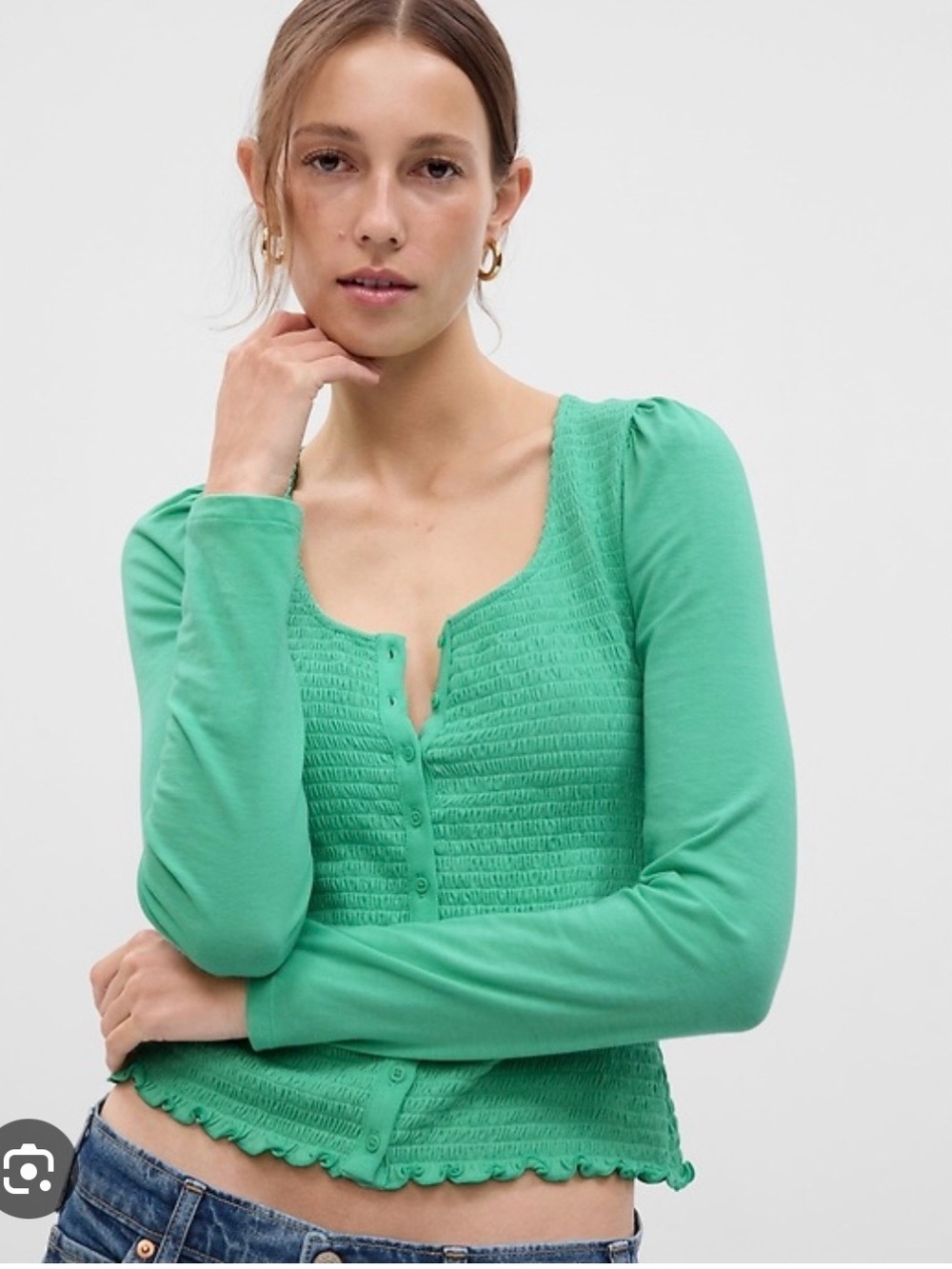 GAP Featherweight Smocked Button Front Jamaica Green Top NWT M Soft Girl
